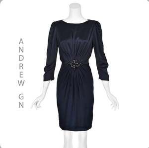 Andrew GN Navy Embellished Silk Blend Cocktail Dress size 40